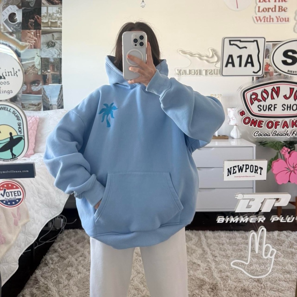 sky blue pink palm puff‎ hoodie